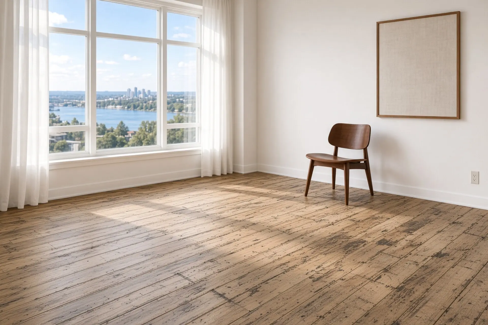 Worn grey maple strip floor in an empty Richmond Hill condo, late-afternoon light from the left window.