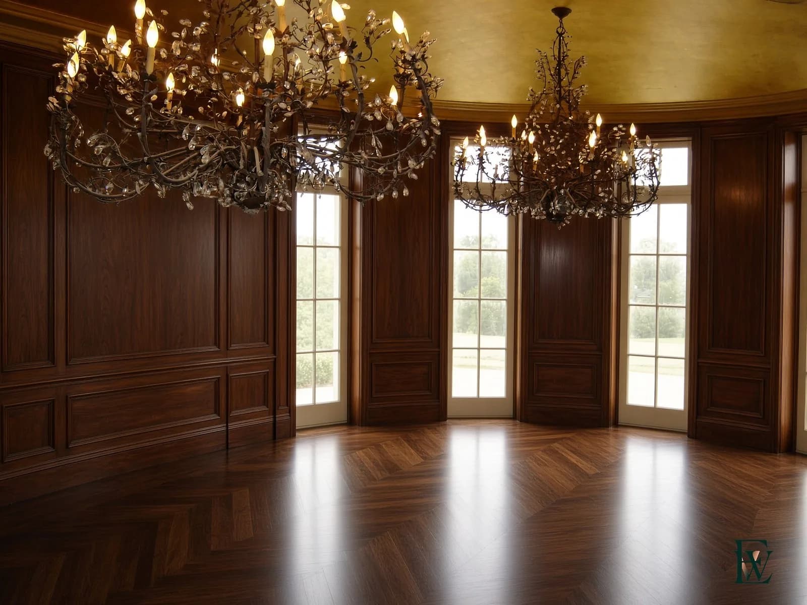 Dark herringbone oak floor in a paneled oval room under a gold ceiling, frame 1 of 3, full oval room view, Ecowoods site work, Toronto.