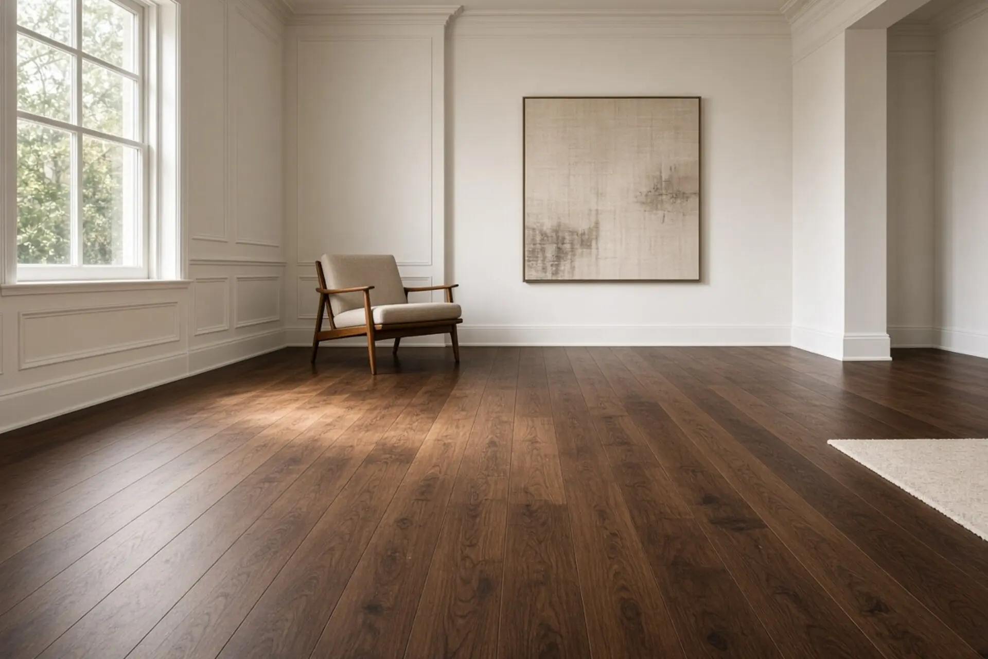 The same Forest Hill room after a wide-plank black walnut install, oil-rubbed satin sheen, original mantel retained.