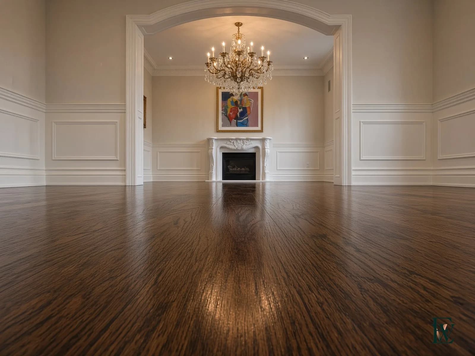 Continuous oak floor, frame 2 of 3, camera dropped onto the plank line walking through the arch into the fireplace room, Ecowoods site work, Toronto.