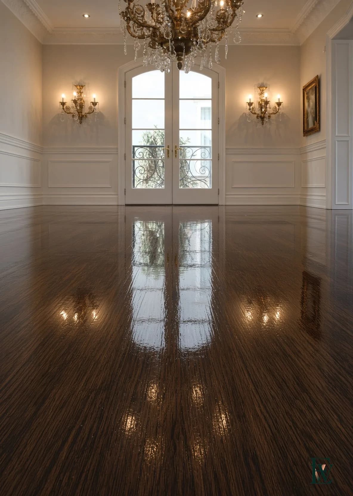 Dark oak salon floor, frame 2 of 3, camera at knee height toward the French doors, Ecowoods site work, Toronto.