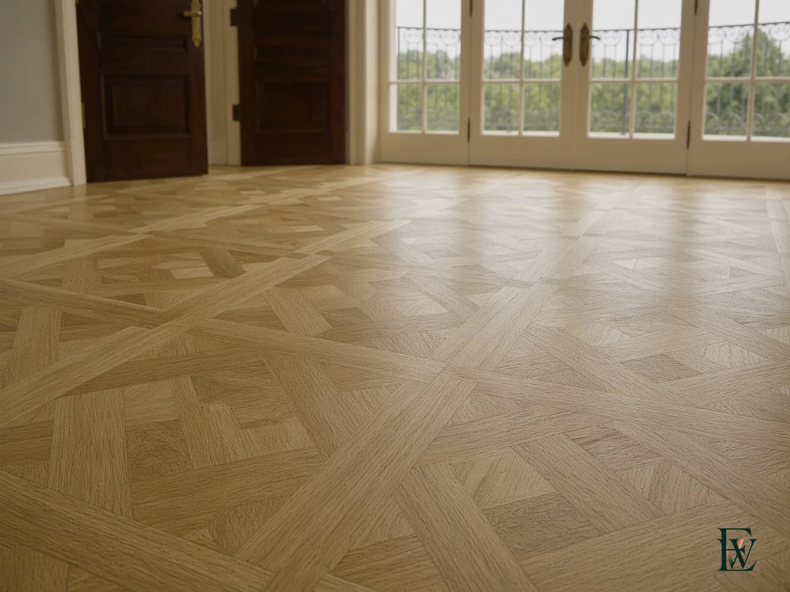 Geometric oak parquet, frame 2 of 3, camera walking into the repeating pattern toward the doors, Ecowoods site work, Toronto.