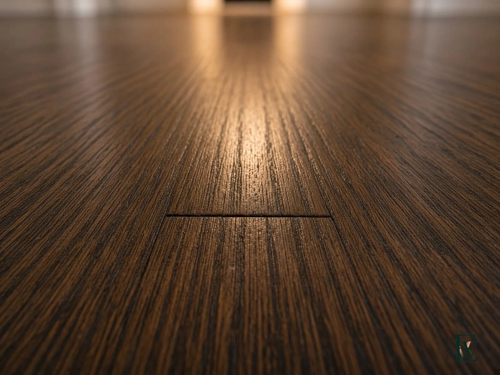 Continuous oak floor, frame 3 of 3, macro of the seam where the plank line crosses the threshold, Ecowoods site work, Toronto.