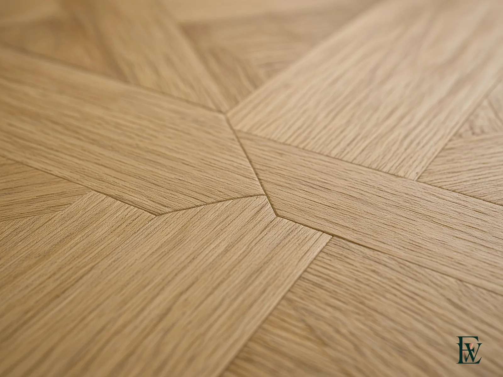 Geometric oak parquet, frame 3 of 3, macro of the module joint where the pattern meets, Ecowoods site work, Toronto.
