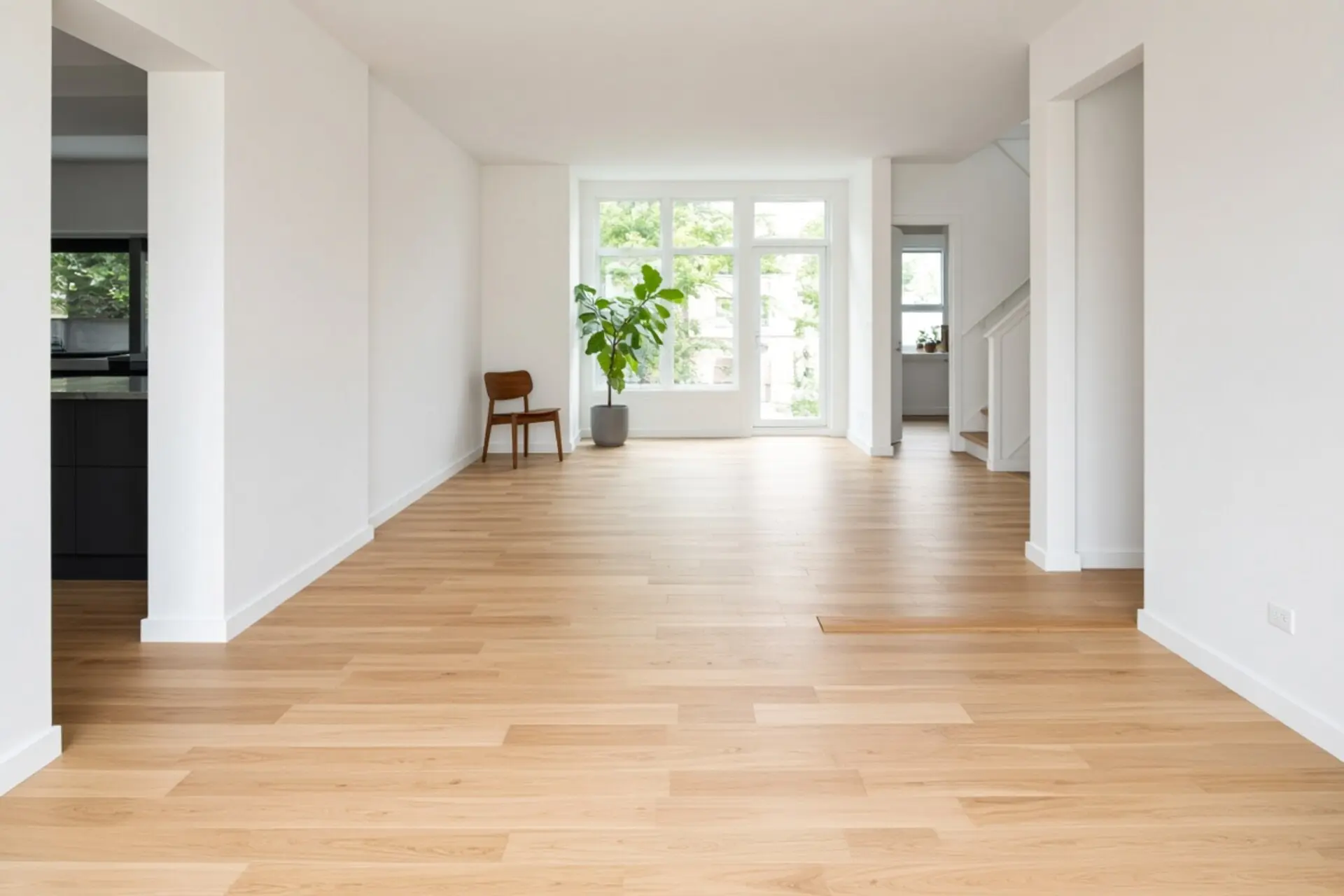 The same landing after work: continuous hardwood into white oak treads with a walnut stringer and no cheap transition strip.