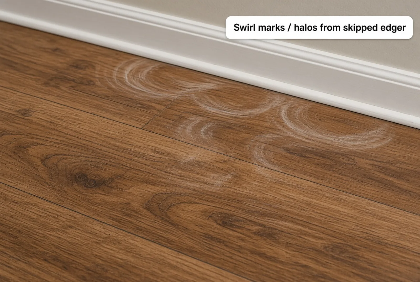 Circular swirl marks and a tonal halo in the finished floor along the baseboard, where the edger's work was never blended into the field.
