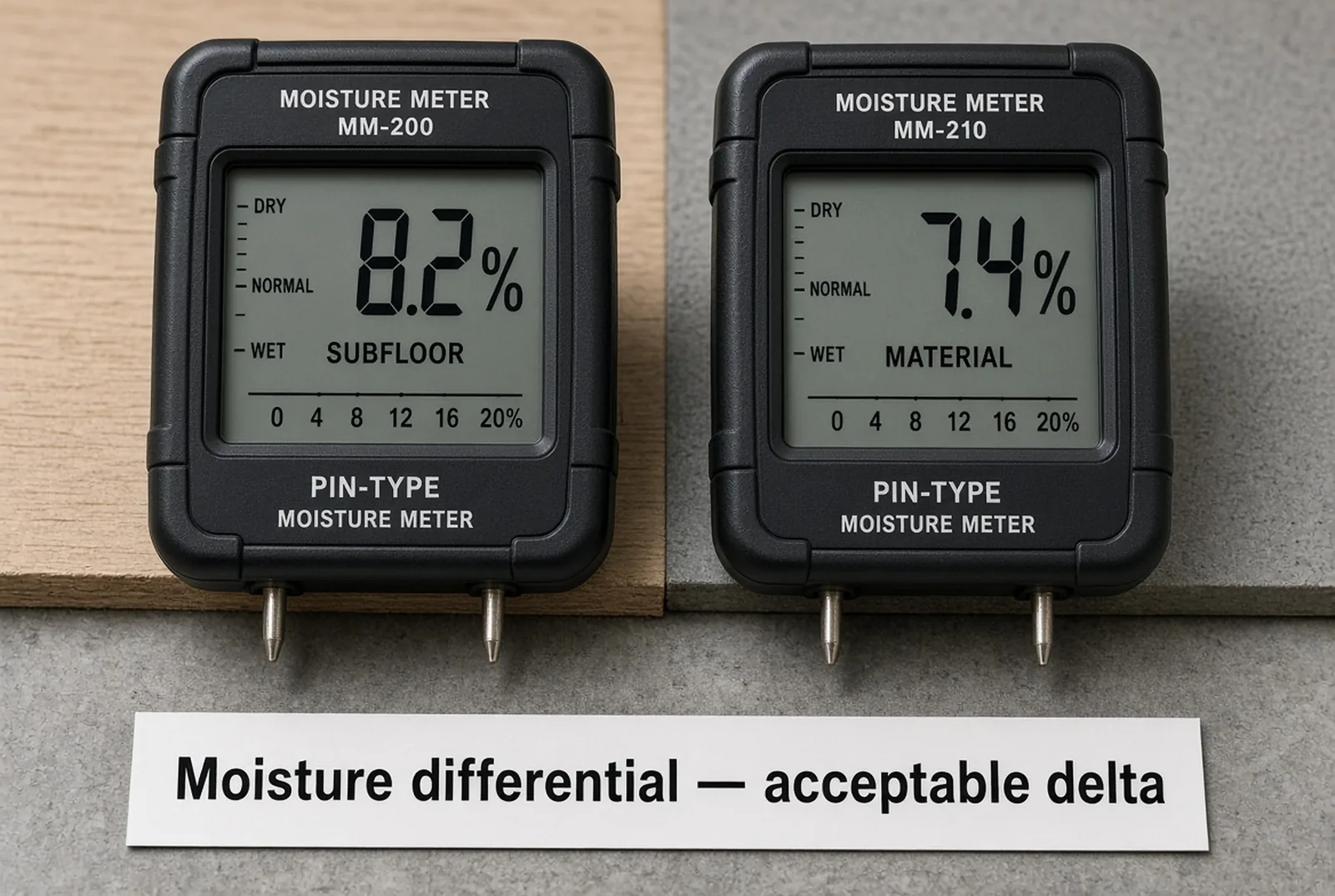 Two digital moisture meters side by side, one reading 8.2 percent on a subfloor and one reading 7.4 percent on a flooring board, with the difference between them marked.