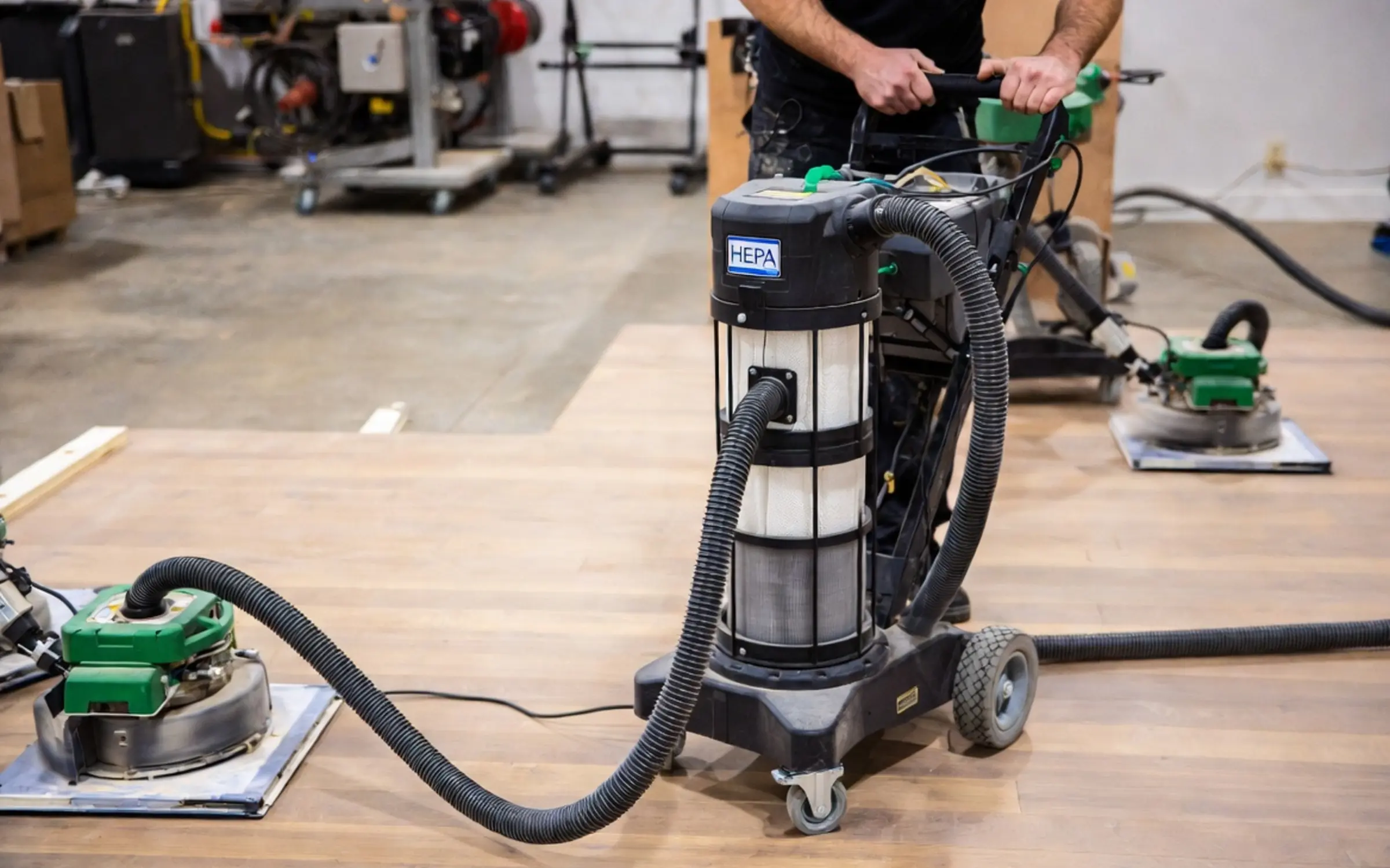 HEPA dust extractor connected to floor sanding equipment on a job site