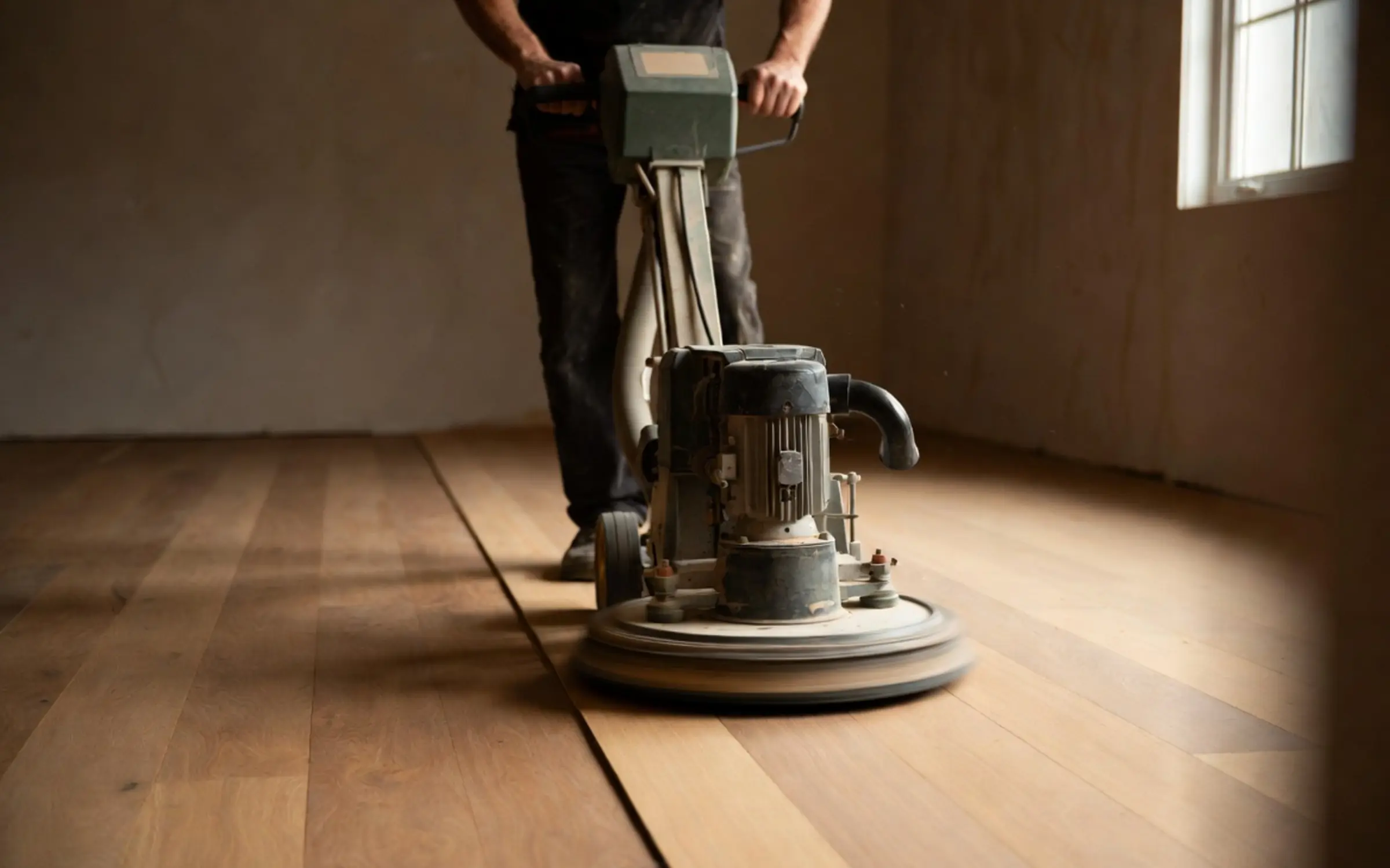 Craftsman using an edger sander along the baseboard of a hardwood floor
