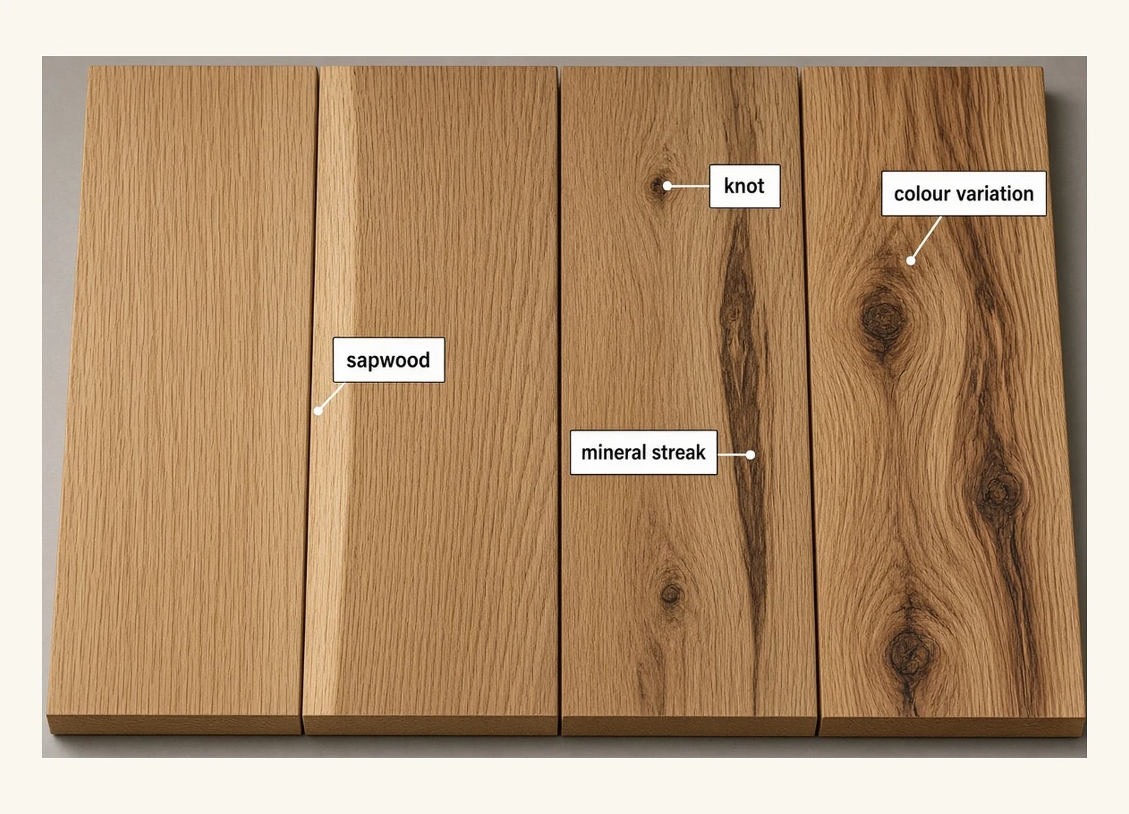 Four oak flooring boards laid side by side showing the progression from a clear heartwood-dominant grade through select, common and character grades, with sapwood, knots, mineral streak and colour variation increasing across the four.