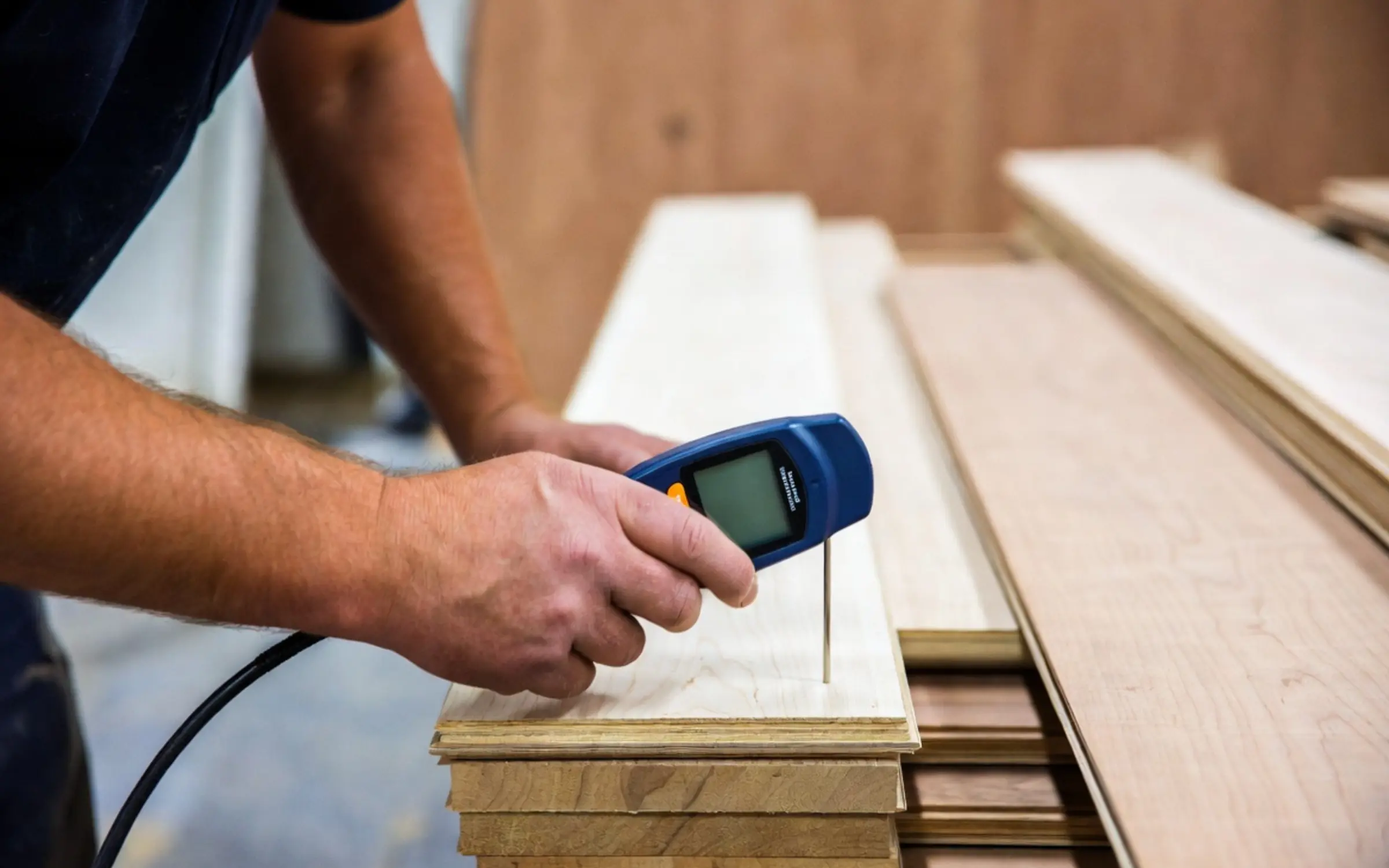 Moisture meter reading on a plywood subfloor before hardwood installation