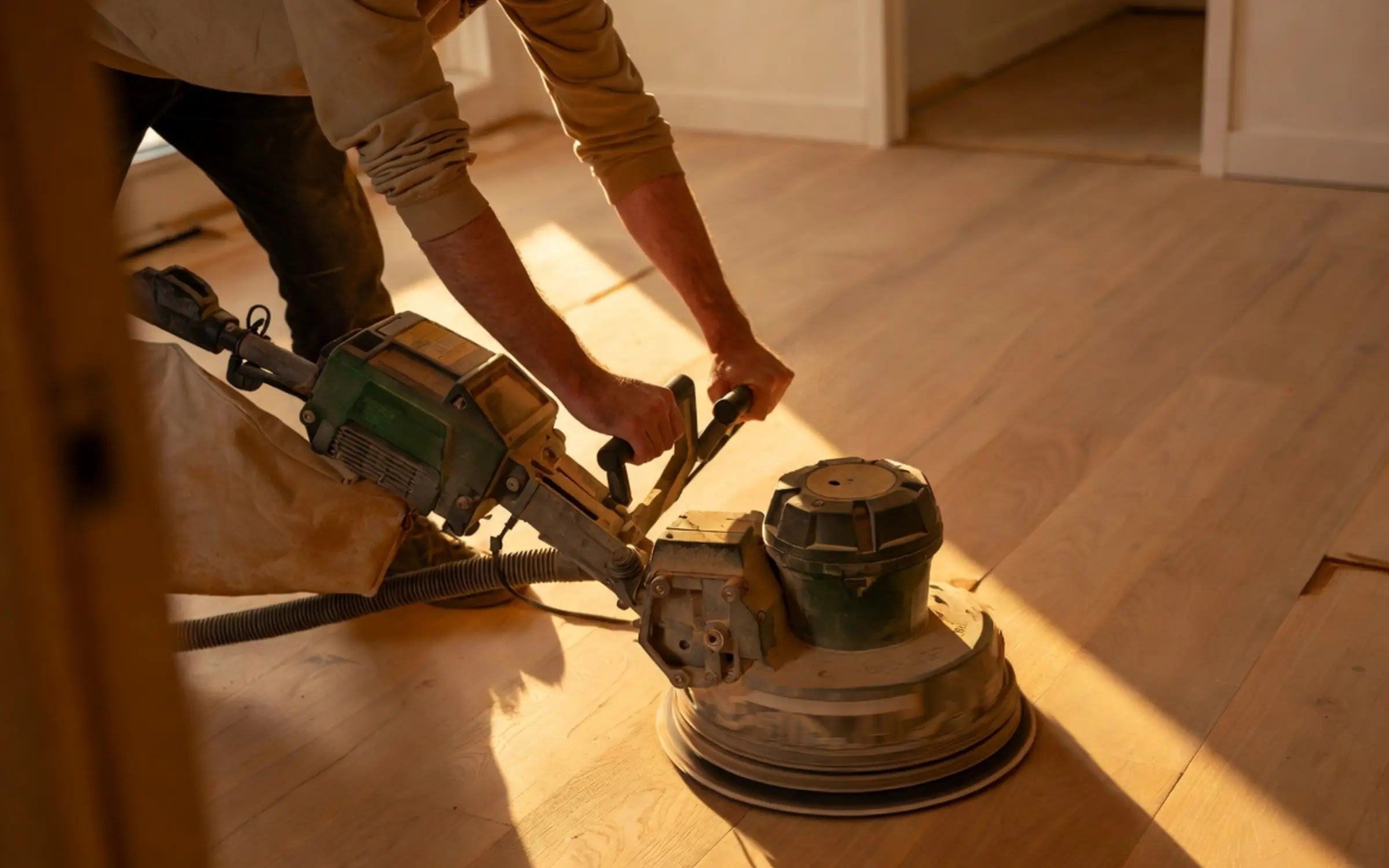 Random-orbital floor sander in use on sanded hardwood