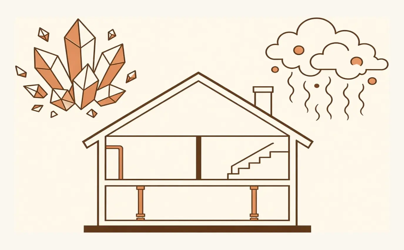 A house in cross-section through the seasons, with indoor air drying in winter and humidifying in summer while the floor holds a stable band.