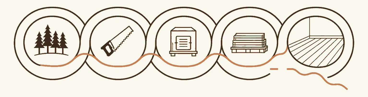 A chain of custody running from a certified forest through each handler to the finished floor, with the certificate travelling alongside the material and one break in the chain shown where the link is not carried forward.