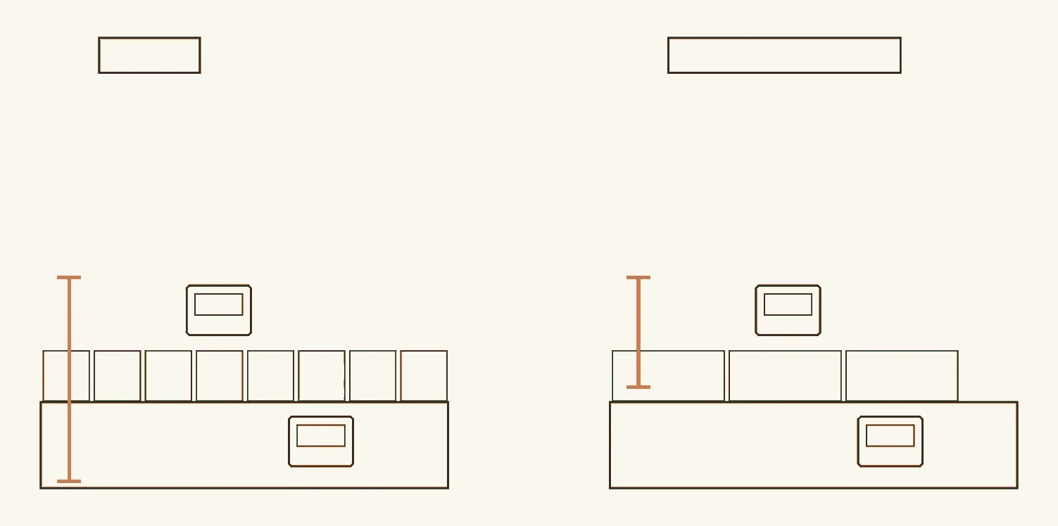 A meter reading on a subfloor set against a meter reading on the flooring material, with the permitted difference between them shown as a narrow bracket that is wider for strip flooring than for wide plank.