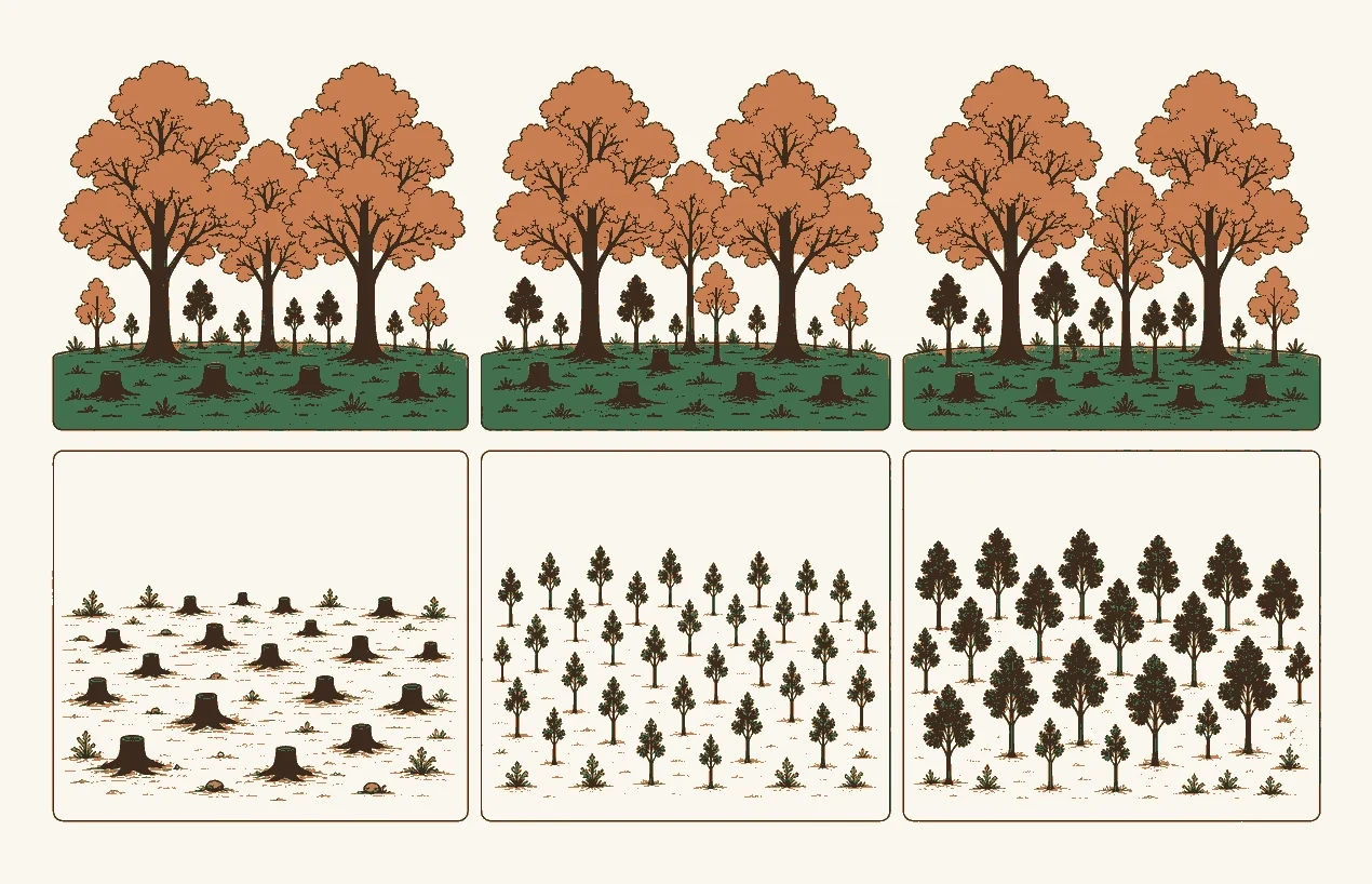 The same stand of trees shown across three successive partial harvests, with mature canopy retained throughout and younger trees establishing beneath it, contrasted with a single clearing harvest.