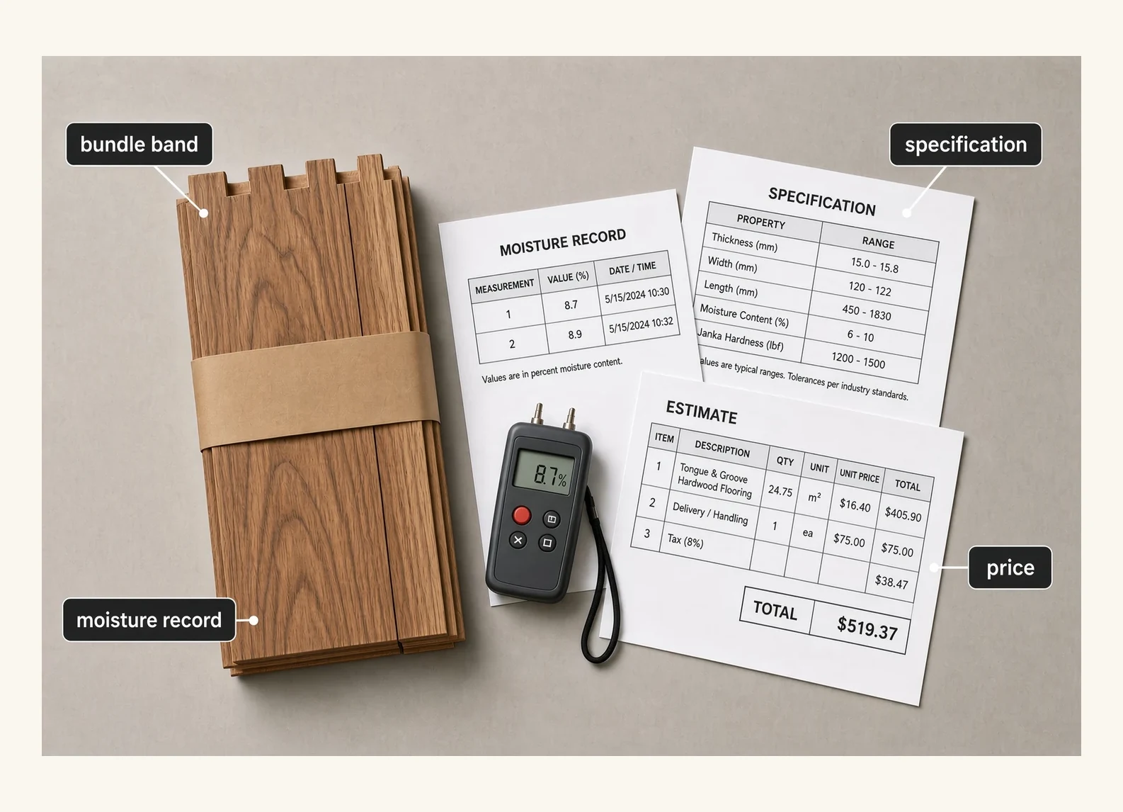 The documents that should accompany a hardwood floor delivery — the grade and species on the bundle, the moisture record taken on site, the manufacturer's specification sheet and the written fixed price.