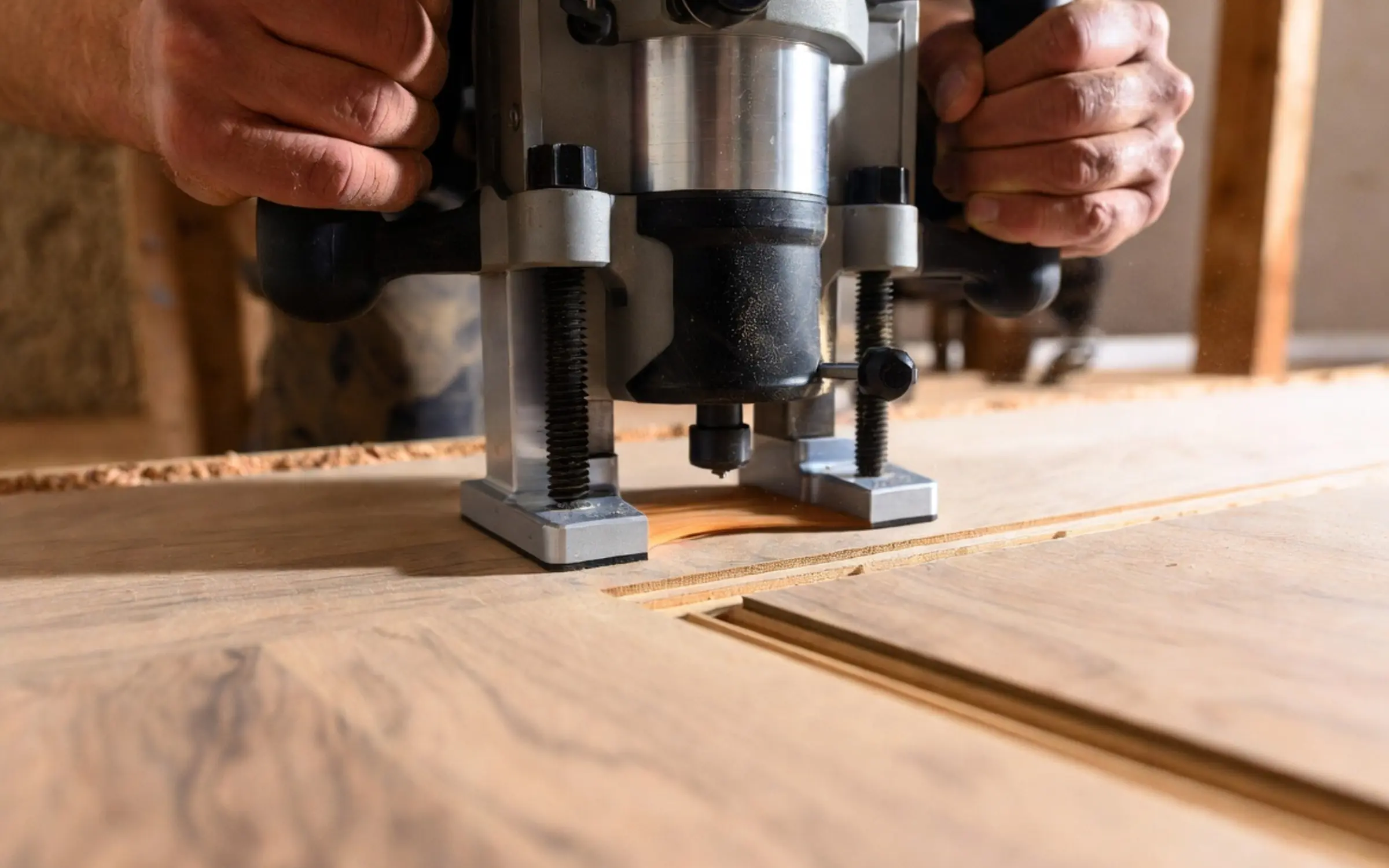 Router being used to create a custom border or inlay in hardwood flooring